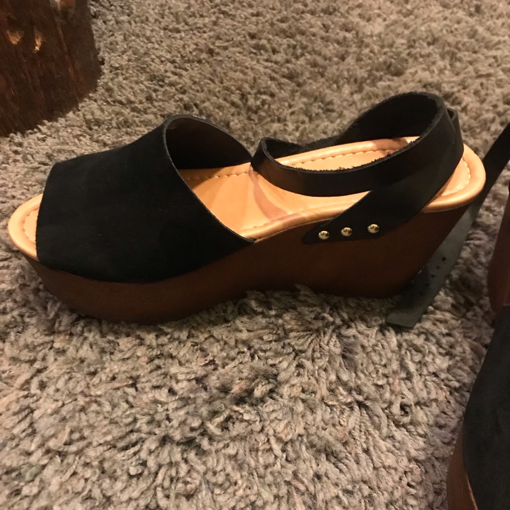Black suede ankle strap wedges